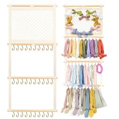 a rack that has some ties hanging from it's hooks and is next to a wall mounted coat rack