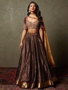 Brown Lehenga, Golden Dupatta, Lehenga Blouse Designs, Ritu Kumar, Indian Party, Gaun Fashion, Indian Dresses Traditional, Desi Clothes, Lehenga Blouse