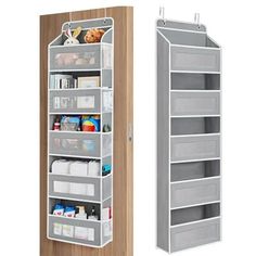 an open and closed pantry cabinet next to each other