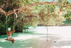 a woman sitting on a tree swing in the middle of a river with trees around her