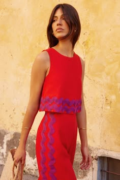 Charlie Jumpsuit In Rhubarb Ric Rac – Mister Zimi St Tropez Style Fashion, Simple Cute Dresses Casual, Ric Rac Dress, Bright Dresses, Linen Summer Outfits, Mister Zimi, Australian Clothing, Semi Formal Outfit, Elegant Pant