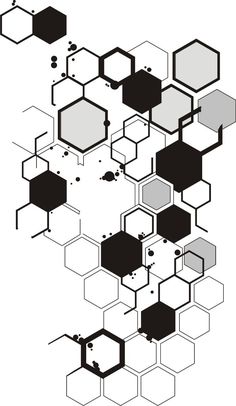 an abstract black and white background with hexagonal shapes in the center, on top of each other