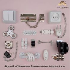 several different types of electrical components on a pink background