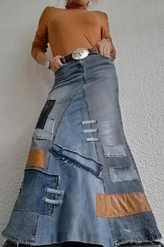 Plus Size Daily Blue Contrast Denim Skirts [Pre-Order] - Xpluswear Upcycle Jeans Skirt, Plus Size Business Casual, Diy Denim Skirt, Denim Diy Clothes, Flared Denim Skirt, Plus Size Business, Patchwork Denim Skirt, Long Jean Skirt, Pu Leather Skirt