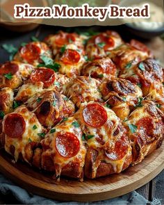 a pizza with pepperoni and cheese on a wooden platter