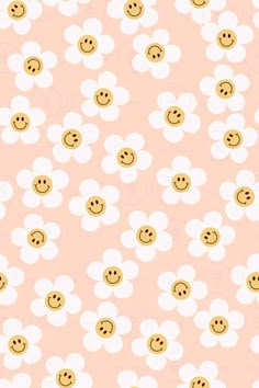 a pink background with white flowers and smiley faces