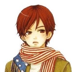 an anime character with red hair and american flag scarf