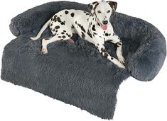 a dalmatian dog laying on top of a gray pet bed