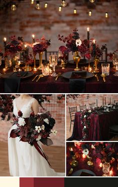 the wedding table is decorated with red flowers, candles and greenery for an elegant touch