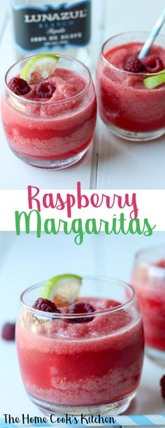 raspberry margaritas in small glasses with lime slices on top