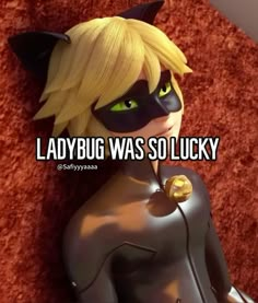 a cartoon character with yellow hair and black cats on it's face, next to the caption ladybug was so lucky