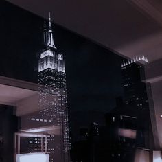 a black and white photo of a city at night with the empire building lit up