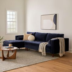 a living room with a blue couch and coffee table