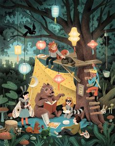 an illustration of people camping in the woods with animals and other things hanging from trees