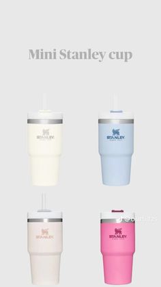 four different colored cups are shown with the words mini stanley cup on each one side