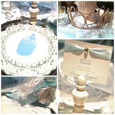 wedding decorations and table settings at a formal dinner or reception in shades of blue, white and silver