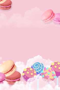 an image of macaroons flying in the sky with clouds and pinkish colors