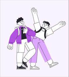 two people standing next to each other with their arms in the air and one person holding his hand up