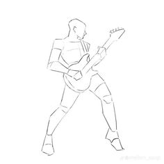 a drawing of a man playing an electric guitar with his right hand on the neck