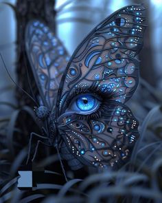 a butterfly with blue eyes sitting on top of a tree