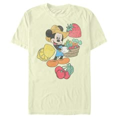 a mickey mouse t - shirt with fruit and vegetables on the front, in white