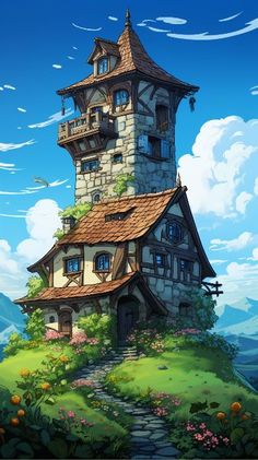 a house on top of a hill in the sky