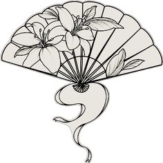 a fan with flowers on it is drawn in black and white, as well as the outline