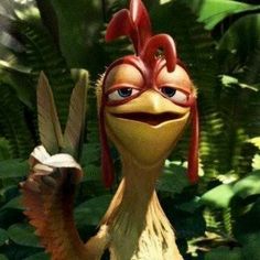 an animated bird with red hair and big eyes holding a branch in its hand, surrounded by green leaves