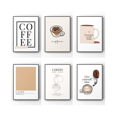 four coffee posters with different types of coffee on the wall, one is brown and white