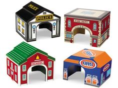 four paper model buildings that look like they are made to look like police station and garage