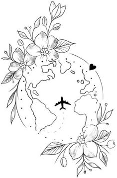 an airplane flying over the earth with flowers on it