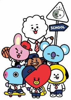 some cartoon characters are standing together with a school sign in the background, and one is holding a heart