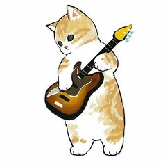 a drawing of a cat holding a guitar in its paws and playing the ukulele