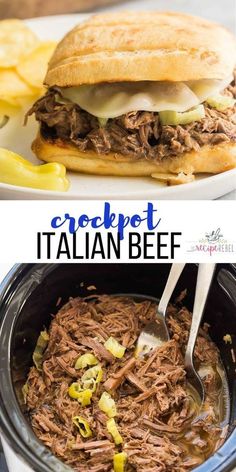 the crock pot roast italian beef is ready to be eaten