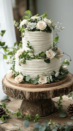 a wedding cake with white flowers and greenery on top is sitting on a tree stump