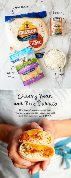 the ingredients for cheesy bean and rice burritos are shown in this image