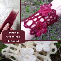 Cute handmade wool felted rad bracelet and white bracelet with flowers tutorial pattern Bucket Hat Tutorial, Mushroom Tutorial, Felted Mittens, Mitten Pattern, Bucket Hat Pattern, Mushroom Pattern, Pattern Bracelet, Skirt Wool, Scarf Tutorial