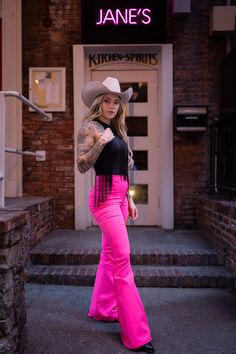 Fiona High Waisted Bell Bottom Flare Jeans - Pink – Willow Boutique Fringe Flare Pants, Colored Bell Bottoms Outfit, Rhinestone Bell Bottoms, Pink Flair Jeans, Pink Flare Pants Outfit Western, Hot Pink Bell Bottoms Outfit, Pink Bell Bottoms Outfit Western, Hot Pink Flare Pants Outfit, Hot Pink Western Outfit