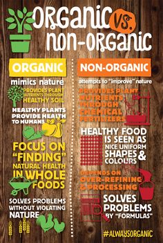 organic vs non - organic info poster on wooden background with text overlaying the image