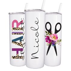 three personalized tumbles with scissors, flowers and leopard print on them are shown