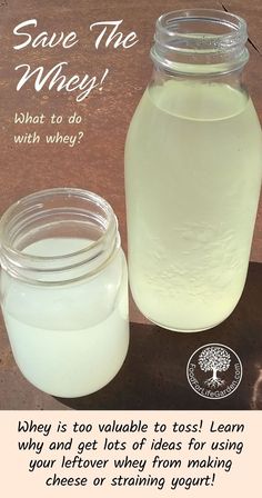 2 Jars filled with whey from cheese making for further use. What To Do With Whey, Uses For Whey, Whey Recipes, Homemade Yogurt Recipes, Milk Processing, Cheese Making Recipes, Kefir Recipes, Cooking Substitutions, Greek Yogurt Recipes