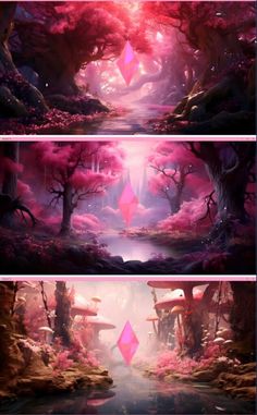 three different views of trees and water with pink hues in the background, one is an