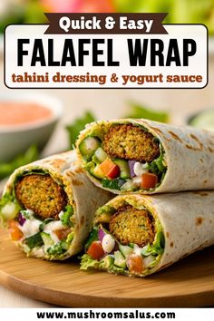 falafe wrap on a cutting board with salad in the background and text overlay reading quick & easy falafe wrap