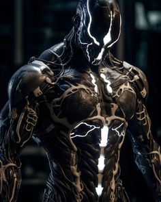 a man in a futuristic suit with glowing lights on his chest