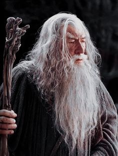 an old man with long white hair holding a stick