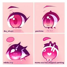 four different types of cartoon eyes with the caption'i love u chuon yoshin, momo after - has - stopped working '