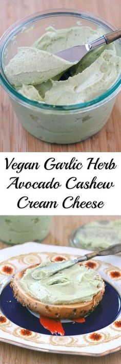 vegan garlic herb avocado cashew cream cheese in a glass bowl with a spoon