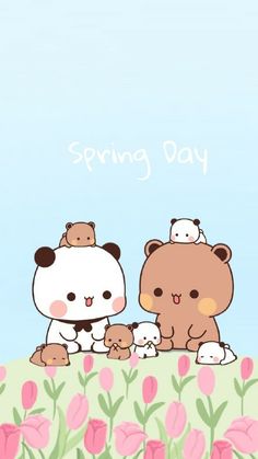 two brown bears and one white bear are standing in front of pink flowers with the words spring day written above them