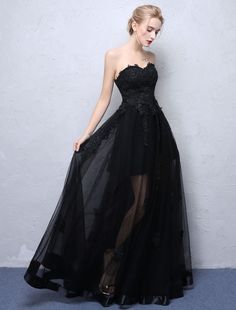 Prom Dresses Strapless, Long Sleeve Ball Gowns, Long Party Dress, Strapless Evening Dress, Strapless Prom Dresses, Fabric Embellishment, Formal Evening Dress, Black Prom, Black Evening Dresses