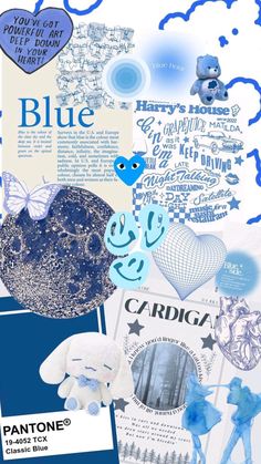 a collage of blue and white images with words, pictures, and other things